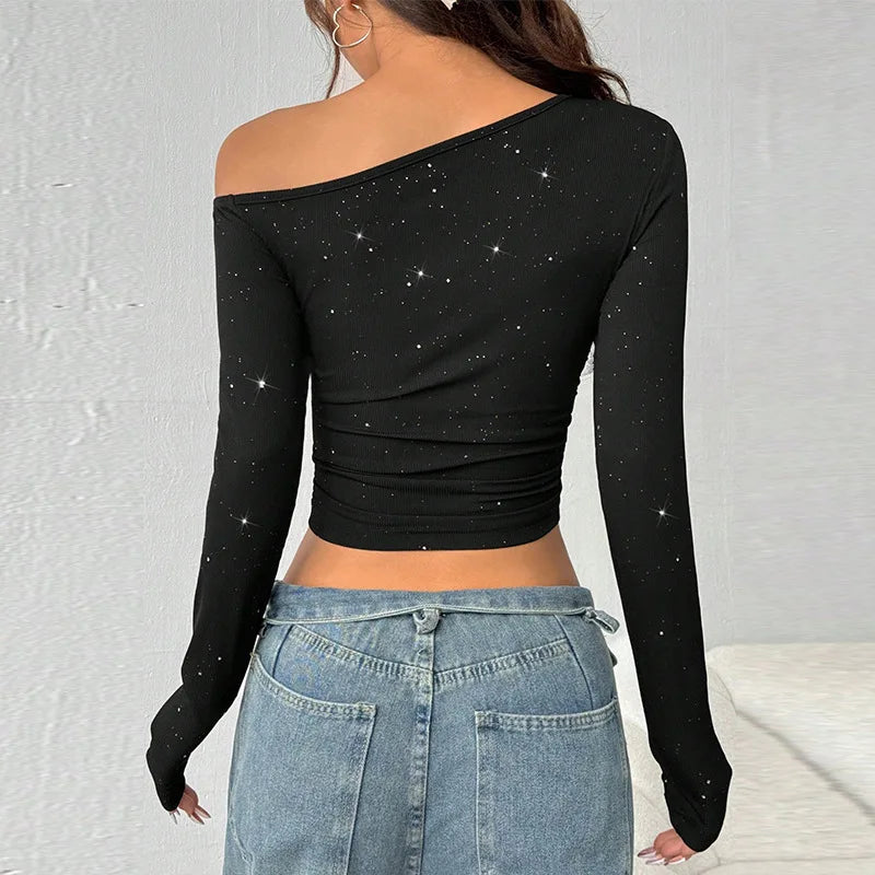 Women's Asymmetric Off-Shoulder Long Sleeve Studded Top
