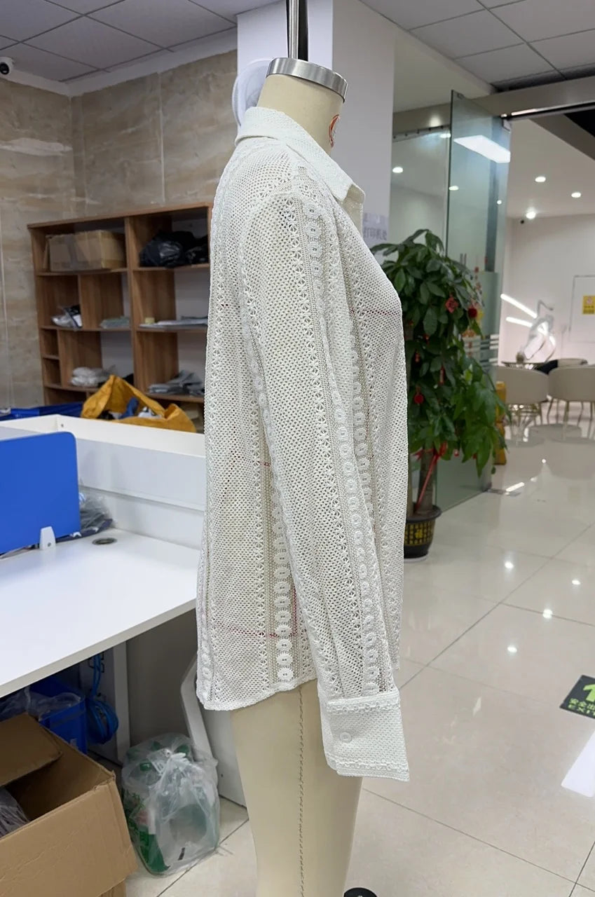 VacationGrabs Vintage Long Sleeve Blouses Summer Casual Elegant Ladies Blusas Boho Beach Hollow Out Lace Blouse Shirt for Women Top