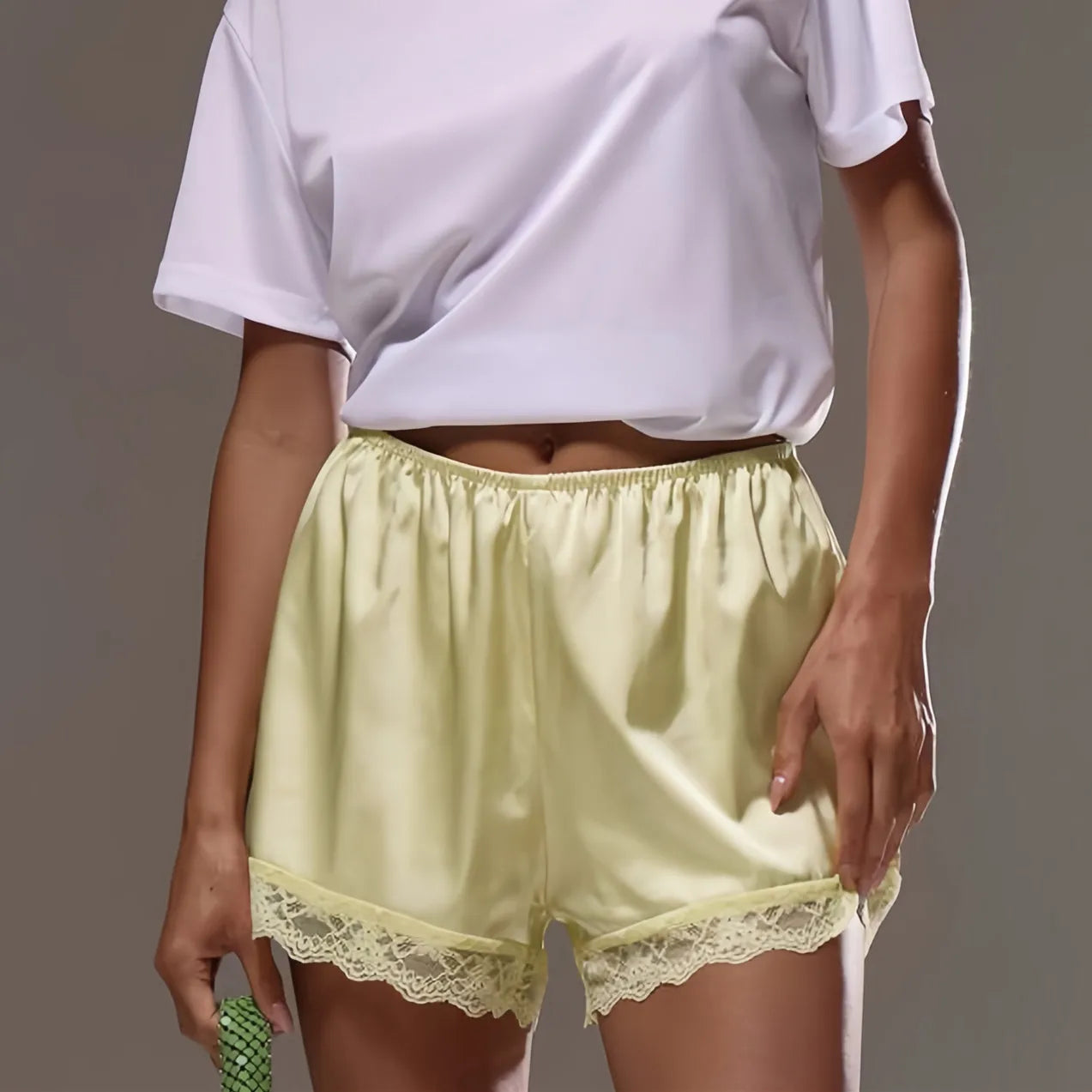 VacationGrabs Lace Trim Satin Shorts for Women Silky Elastic Waist Mini Shorts Casual Lounge French Knickers Slip Boxer Pj Bottoms
