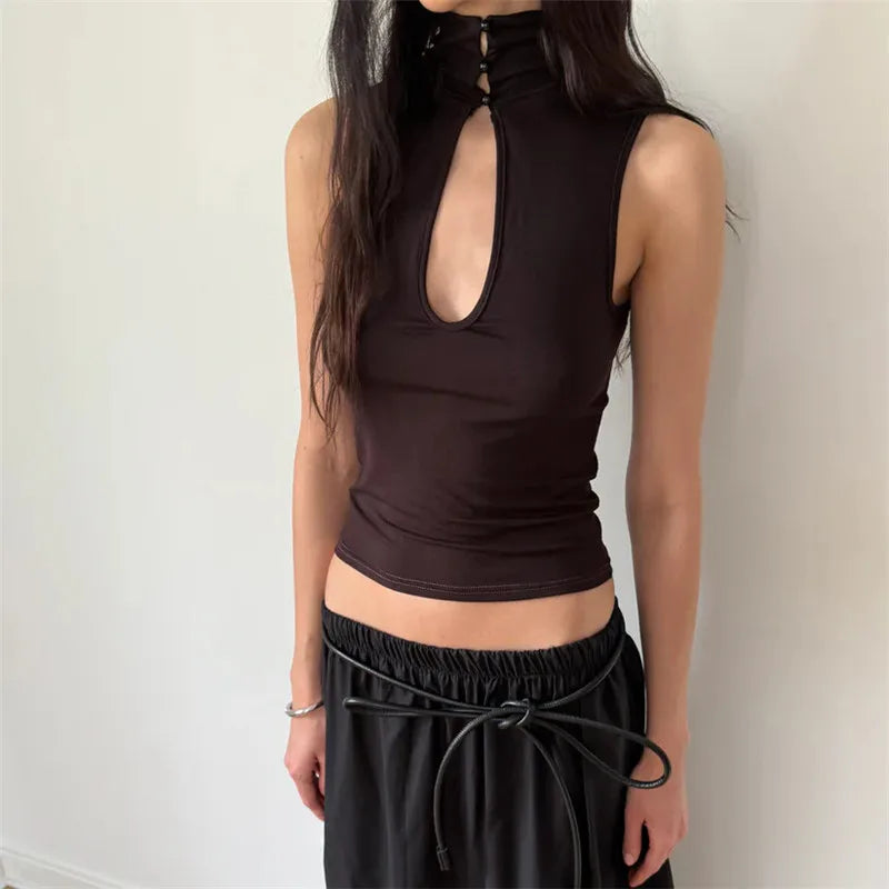 VacationGrabs Keyhole Cutout Tops for Women Y2K Mandarin Collar Shirt Sexy Fitted Hollow Out Tank Summer Fashion Going Out Tops