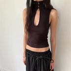 VacationGrabs Keyhole Cutout Tops for Women Y2K Mandarin Collar Shirt Sexy Fitted Hollow Out Tank Summer Fashion Going Out Tops