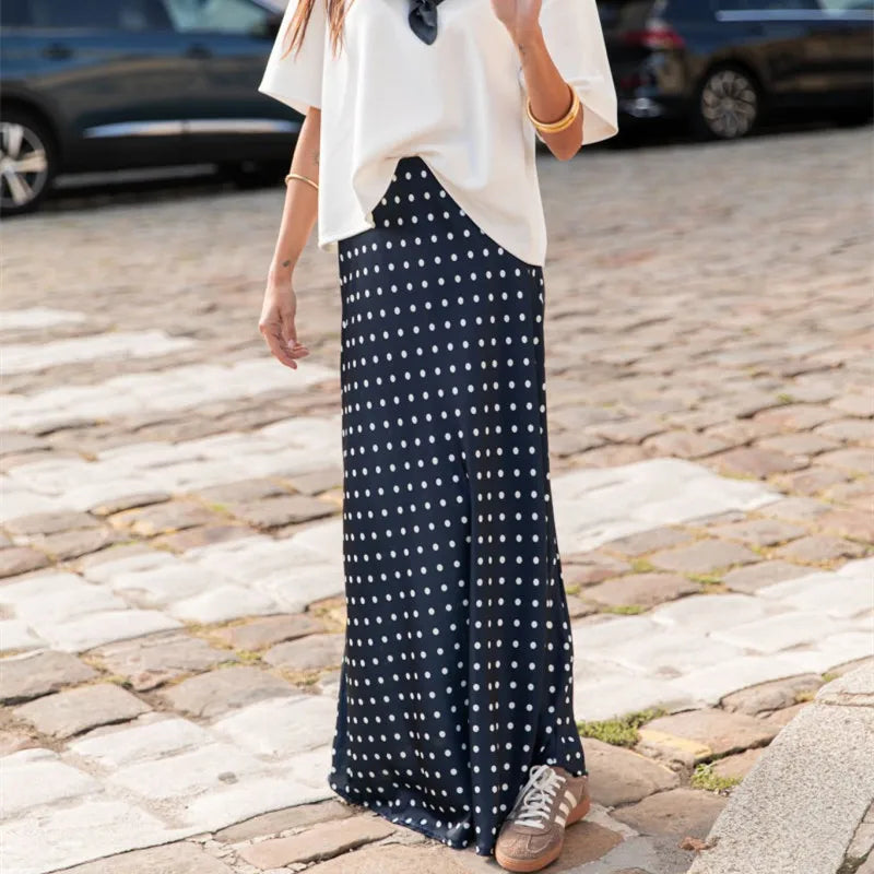 VacationGrabs Women Polka Dot Maxi Skirt Elegant Ladies Bodycon A Line Flare Long Skirts Cute Print Flowy Maxi Satin Skirt Dress