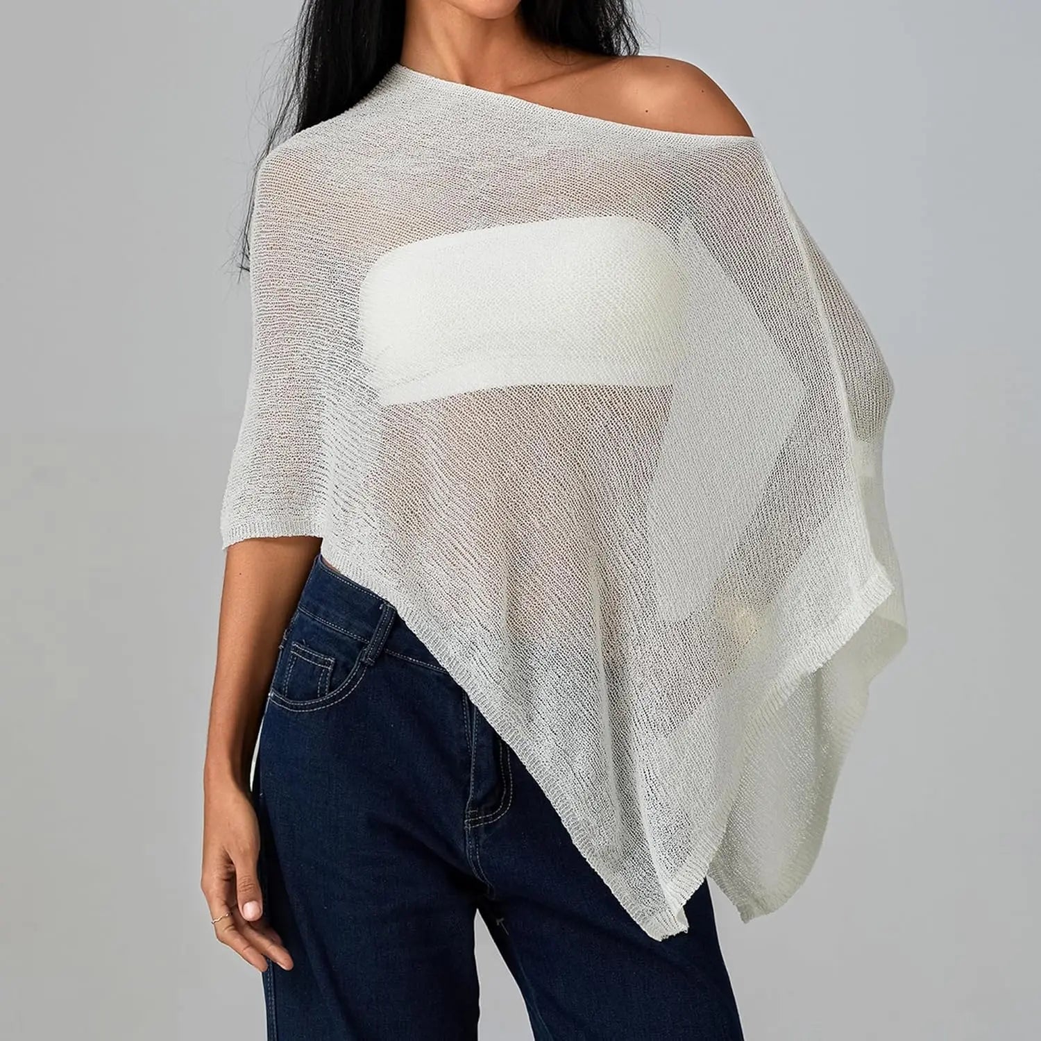 VacationGrabs Sheer Knitted Beach Poncho Cover Up for Women Lightweight Ponchos Capes Stylish Beachwear Swimwear Shawl Wraps