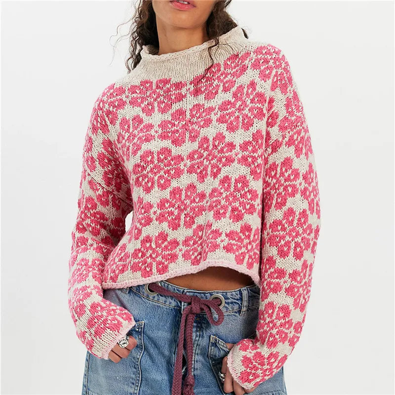 VacationGrabs Oversized Cropped Knit Sweater Women Roll Neck Floral Jacquard Pattern Contrast Trim Long Sleeve Loose Pullover Knit Top