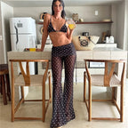 VacationGrabs Womens 4 Piece Polka Dot Bikini Set Sheer Mesh Flare Pants Headband Triangle Swimsuit Beach Cover Up for Summer Vacation