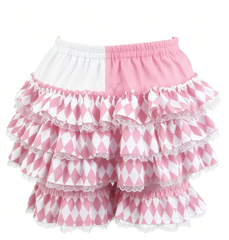VacationGrabs Lolita Women Bloomers Shorts Color Block Patchwork Ruffle Lace Elastic Waist Pumpkin Pantalettes Sweet Cosplay Bottoms