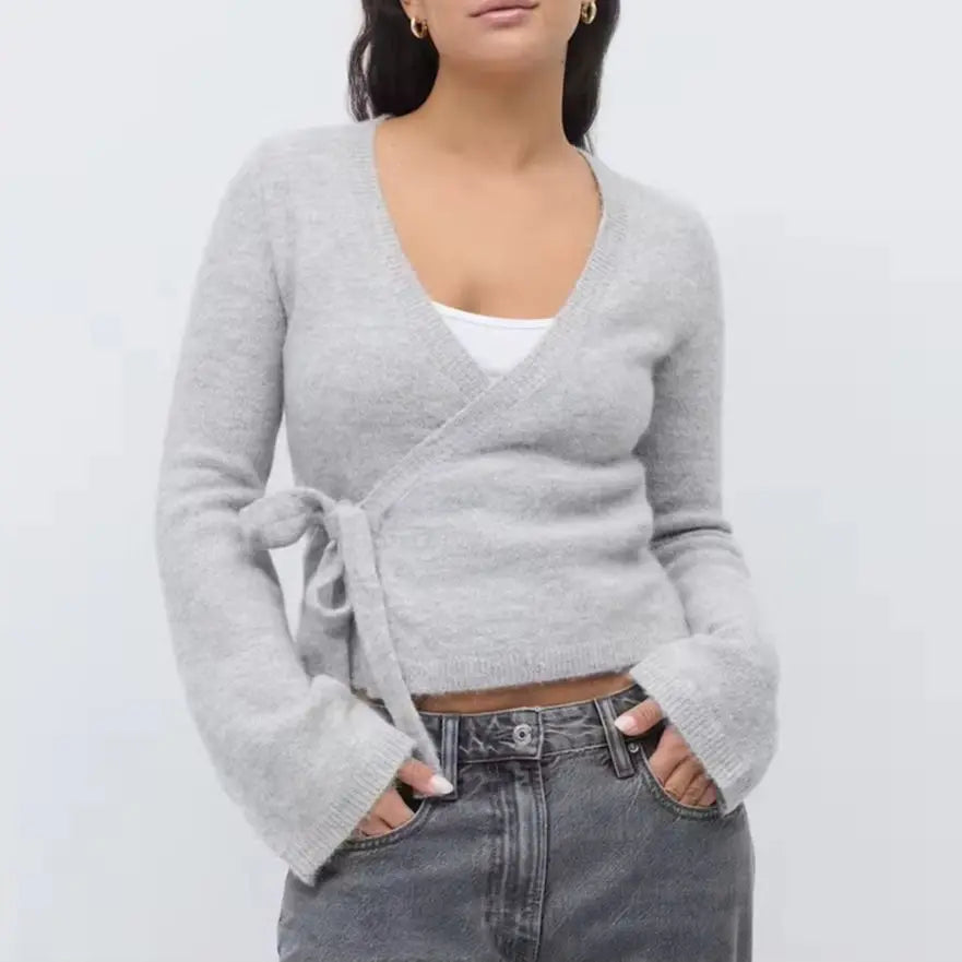 VacationGrabs Wrap Sweater Tops for Women Lightweight Side Tie Front Ballet Wrap Cardigan Elegant V Neck Fitted Cropped Sweaters