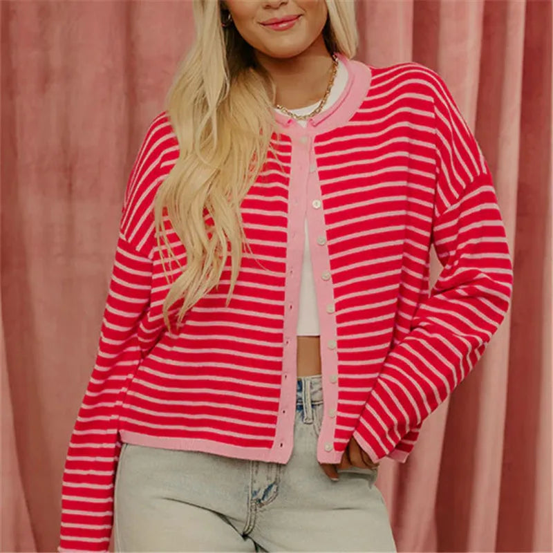 VacationGrabs Casual Color Block Striped Knit Sweater Open Front Cardigan Round Neck Loose Oversized Long Sleeve Cropped Knitwear