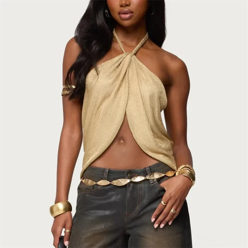 VacationGrabs Women Y2K Sparkly Split Front Top Sleeveless Backless Halter Neck Crop Tank Top Summer Party Club Camisole Vest