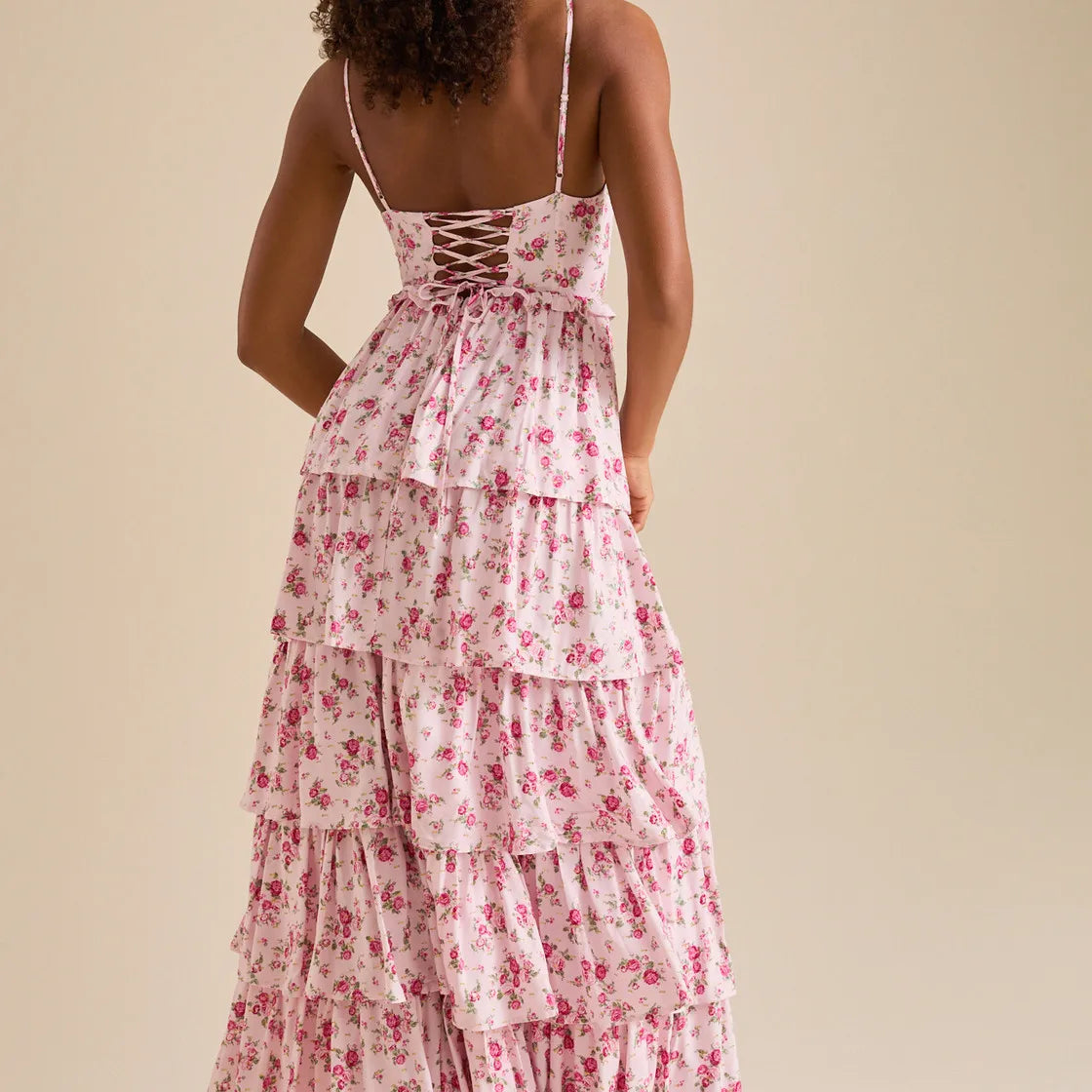 Women's Boho Long Floral Dress Vintage Summer Spaghetti Strap Stylish Print Multi-Layered Ruffles Back Tie V Neck A Line Dress