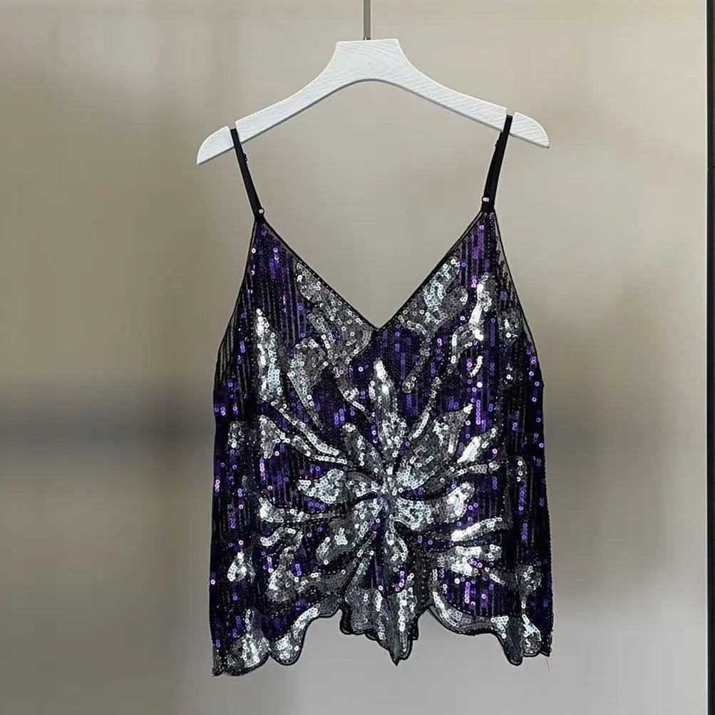 VacationGrabs Women Sexy Bead Mesh Cami Tops Women Silver Sequined Tanks Vest Summer Femme Bling Shiny Tanks Tops Party Clubwear