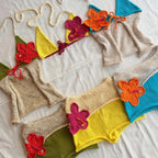 Crochet Knit Beach 2 Piece Set Women Swimsuit Applique Y2K Chic Bra Tops and Lapel Shorts Vacation Midnight Club Party Outfits