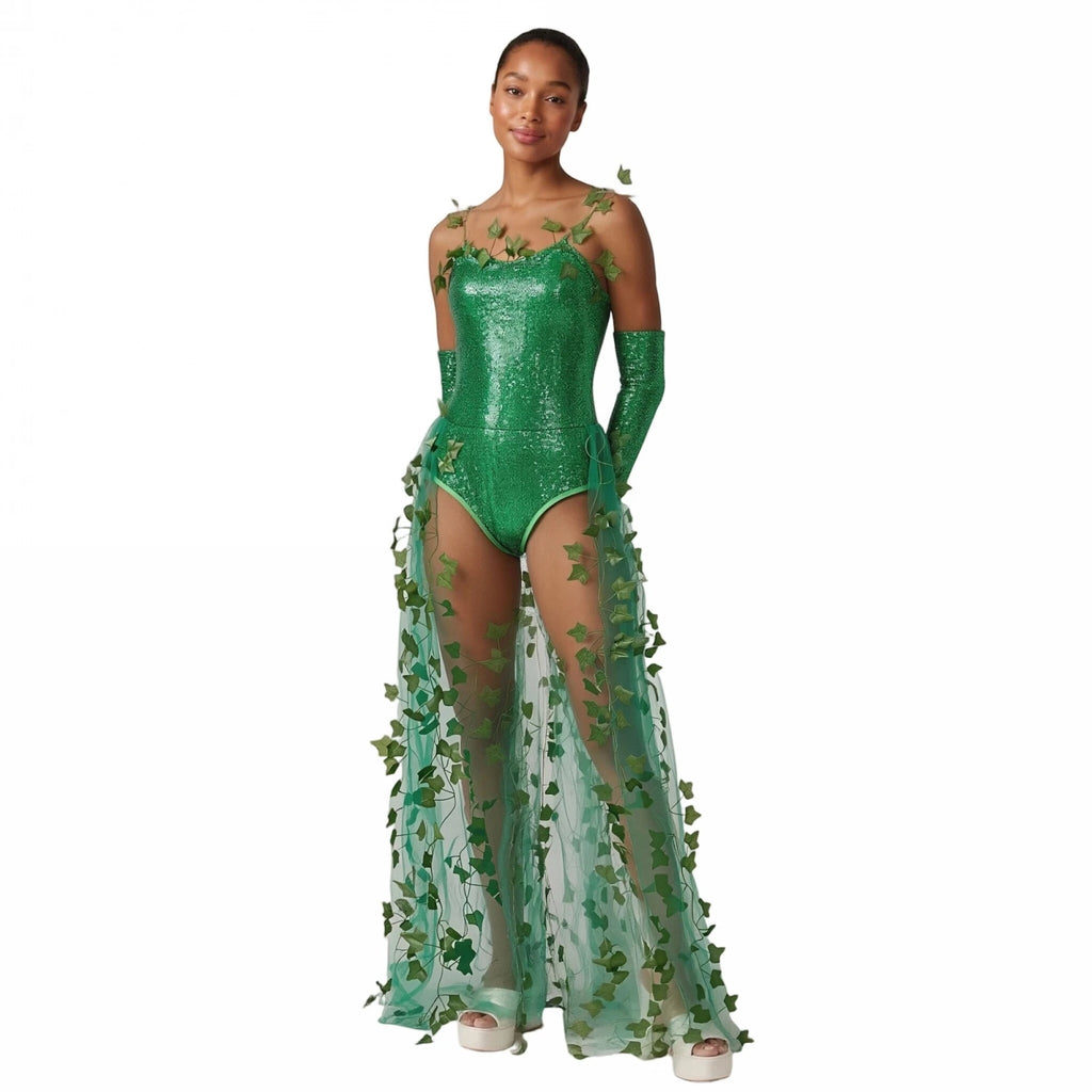 VacationGrabs Ivy Cosplay Outfit Women Sequin Bodysuit Ivy Leaf Tulle Train Long Gloves Halloween Party Carnival Fancy Dress Costume