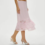 VacationGrabs Women Half Slip Long Skirt Lace Trim Satin Underskirt Elastic Waist Aline Silky Slips Skirt for Under Dress Party Club