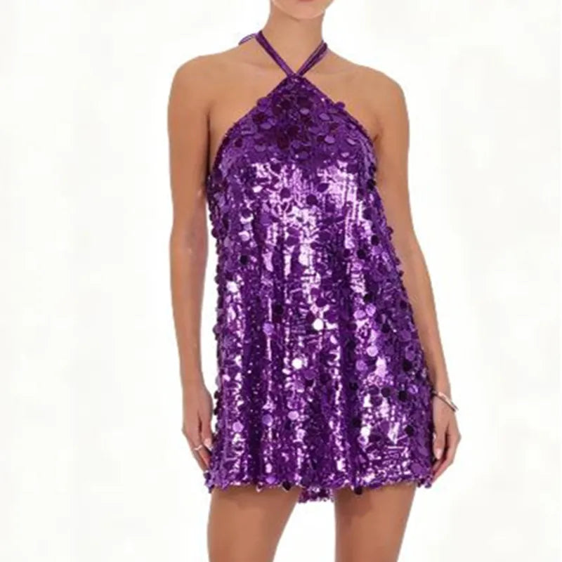 VacationGrabs Women Halter Backless Sequin Mini Dress Glitter Paillette Tie Up Short Dress Club Party Sparkly Cocktail Evening Dresses