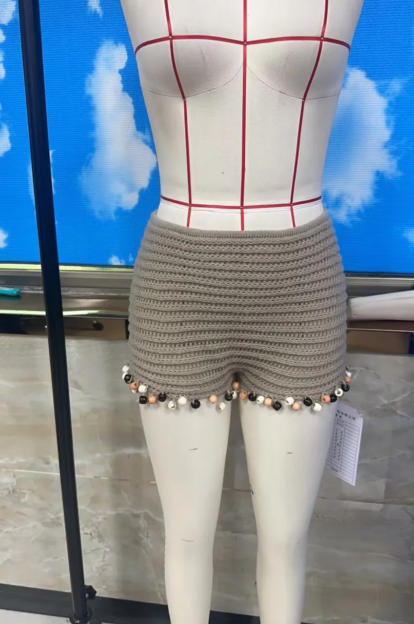 VacationGrabs Boho Style Women Knit Crochet Beach Shorts Low Rise Bead Trim Loose Fit Mini Short Pants Summer Casual Streetwear