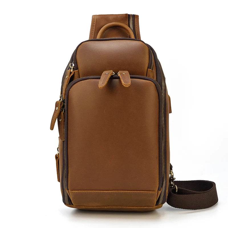 High-Quality Chest Bag USB Men Shoulder Sling Cowhide Leather - VacationGrabs