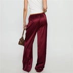 VacationGrabs Women's Satin Silk Solid Color Pants Elegant Elastic Drawstring Waist Loose Fit Trousers for All Seasons Y2K Streetwear