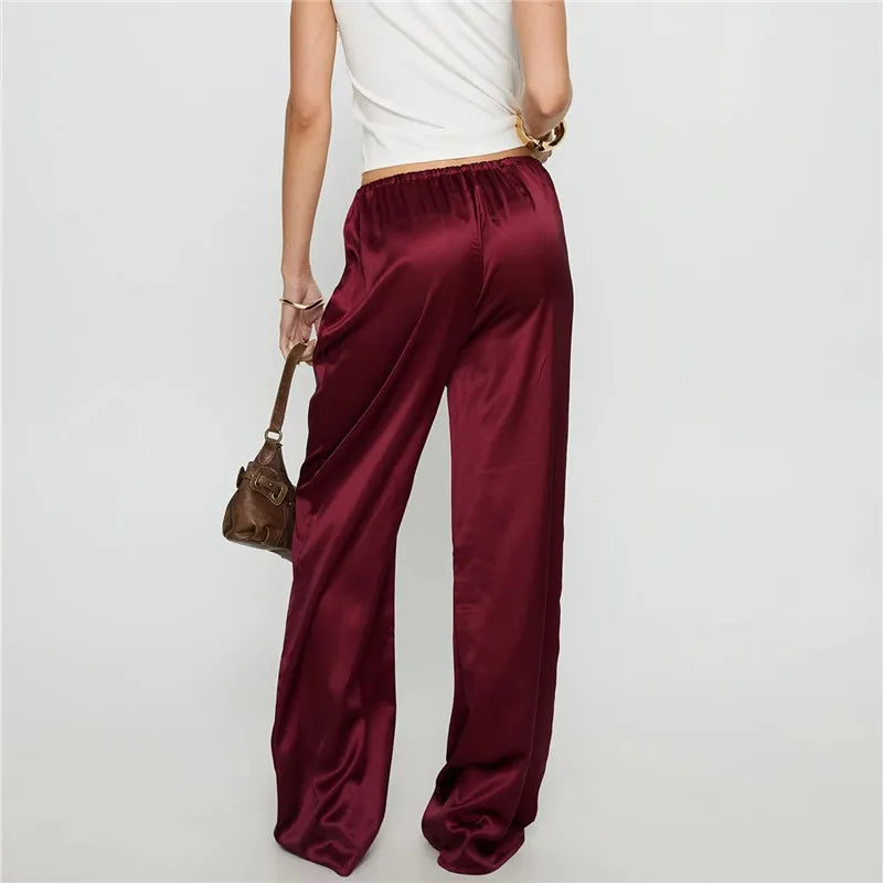 VacationGrabs Women's Satin Silk Solid Color Pants Elegant Elastic Drawstring Waist Loose Fit Trousers for All Seasons Y2K Streetwear