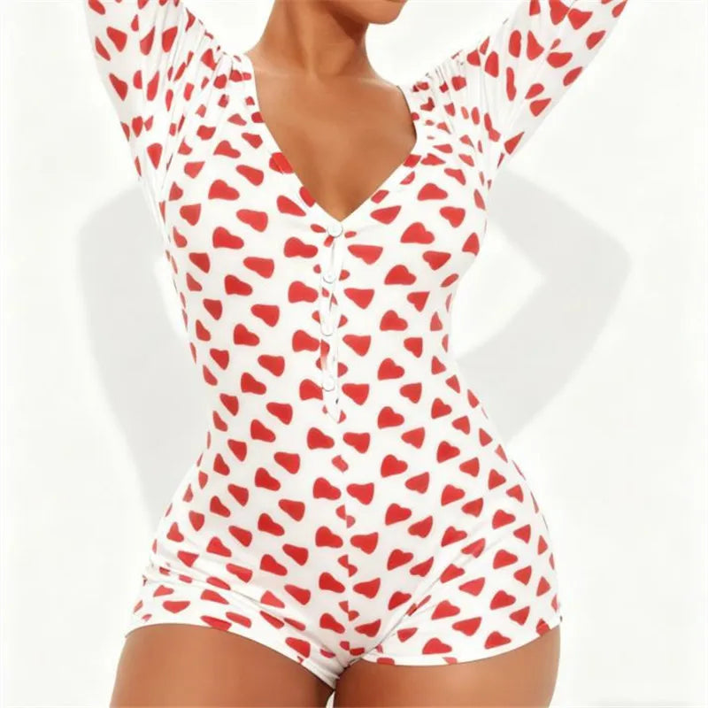 VacationGrabs Women Sexy Bodycon Deep V Neck Trapdoor Fashion Heart Printed Long Sleeve Butt Flap Romper Valentines Pajama Playsuit