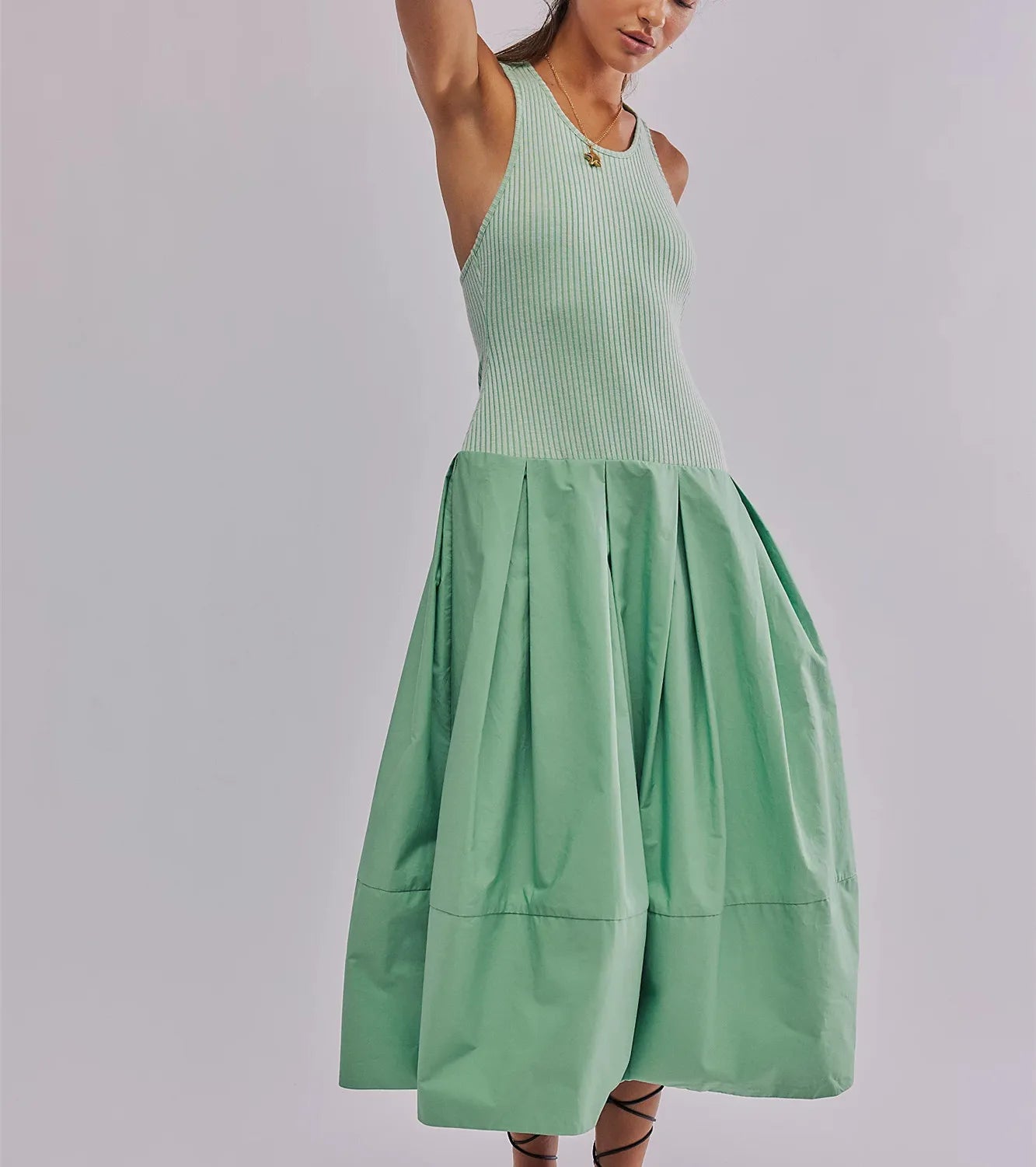 Women Drop Waist Midi Dress Summer Sleeveless Patchwork Tank Dress Y2k Bubble Hem A Line Maxi Dress with Pockets