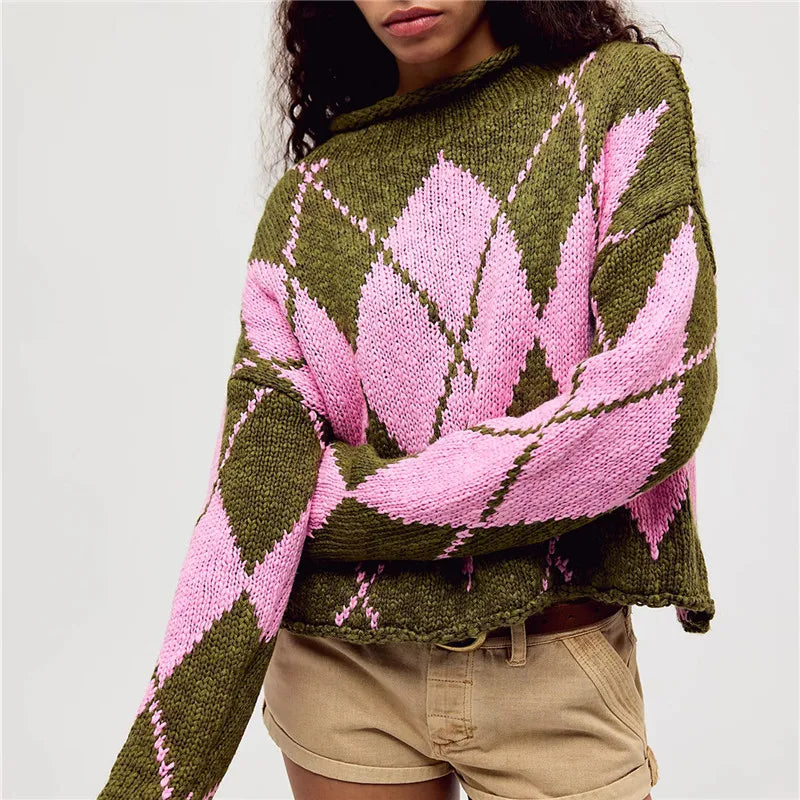 VacationGrabs Oversized Cropped Knit Sweater Women Roll Neck Floral Jacquard Pattern Contrast Trim Long Sleeve Loose Pullover Knit Top