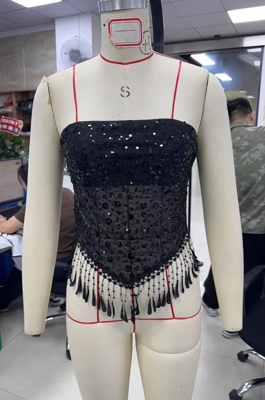 VacationGrabs Edgy Black Sequin Mesh Tube Top Women Strapless Sheer Lace Fringe Trim Crop Top for Nightclub