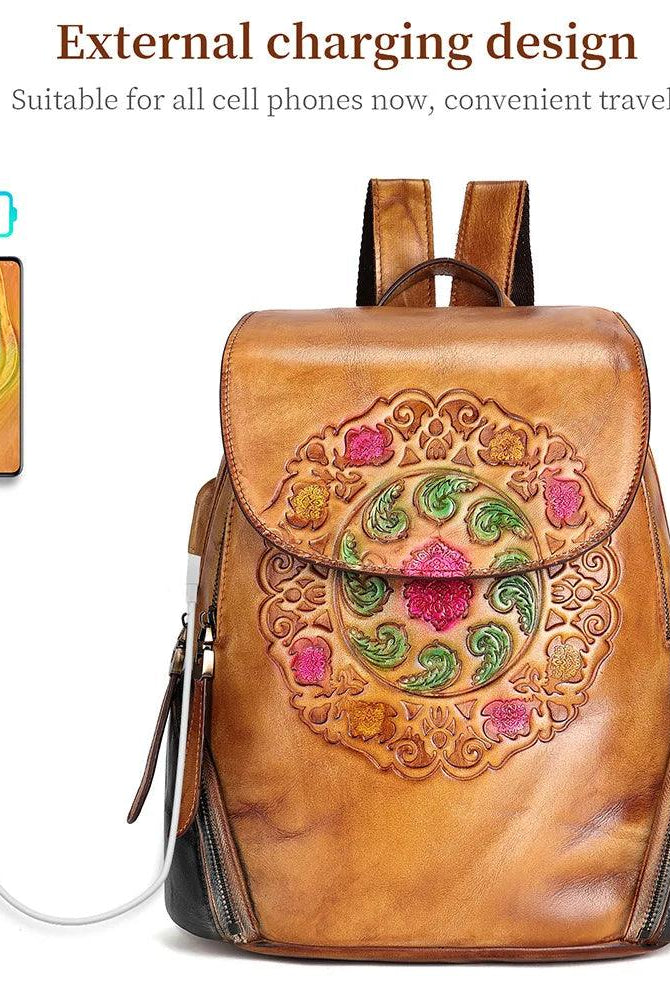  Retro Embossed Floral Backpack For Women Genuine Leather