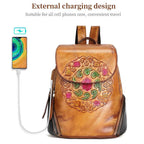Retro Embossed Floral Backpack For Women Genuine Leather - VacationGrabs