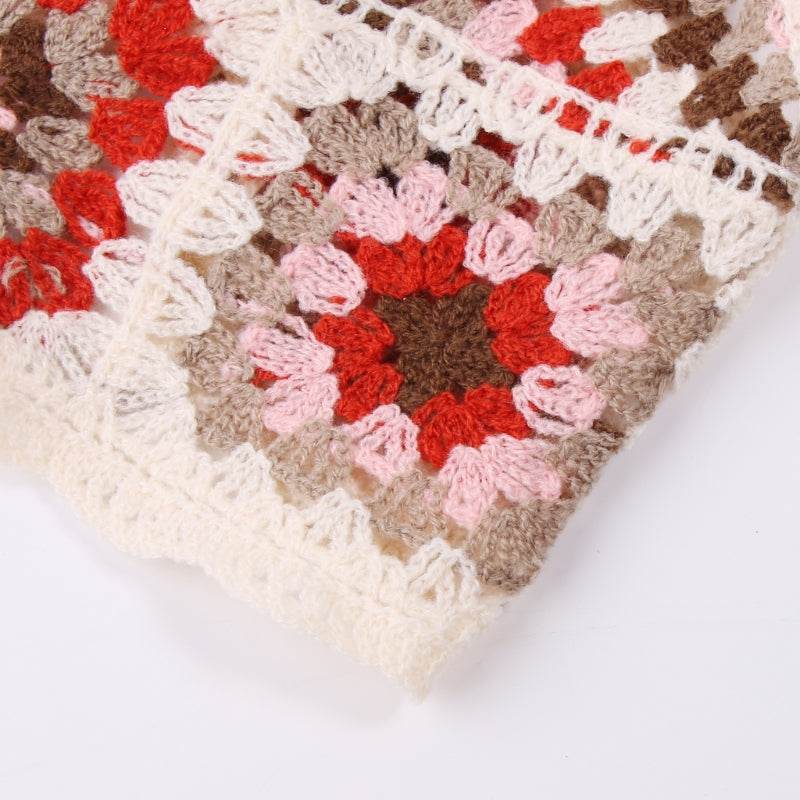 Womens Summer Crochet Knit Crop Top Embroidered Color Block - VacationGrabs