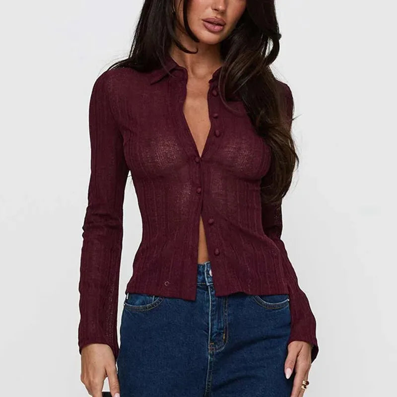 VacationGrabs Women Y2k Vintage Striped Slim Fitted Shirt Coquette Long Sleeve Button Down Collared Tee Basic Office Work Blouse