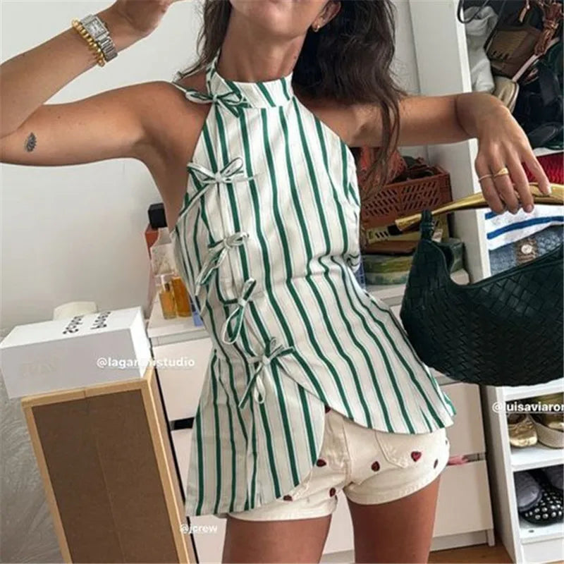 VacationGrabs Women's Oriental Striped Halter Neck Top Chinese Knot Button Side Asymmetric Hem Backless Summer Casual Blouse