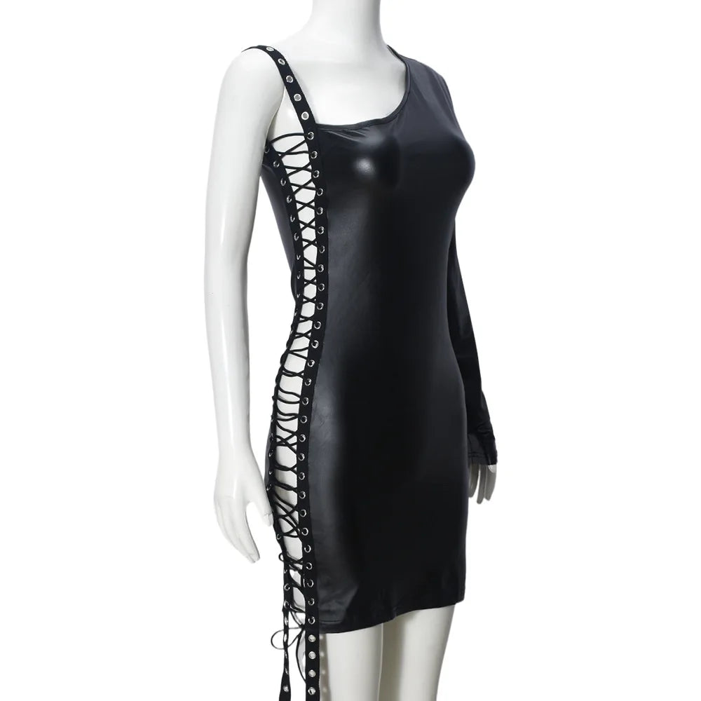 VacationGrabs Y2K Gothic One Shoulder Single Sleeve Faux Leather Dress Side Lace Up Cutout Ruched Bodycon Mini Dress Party Clubwear