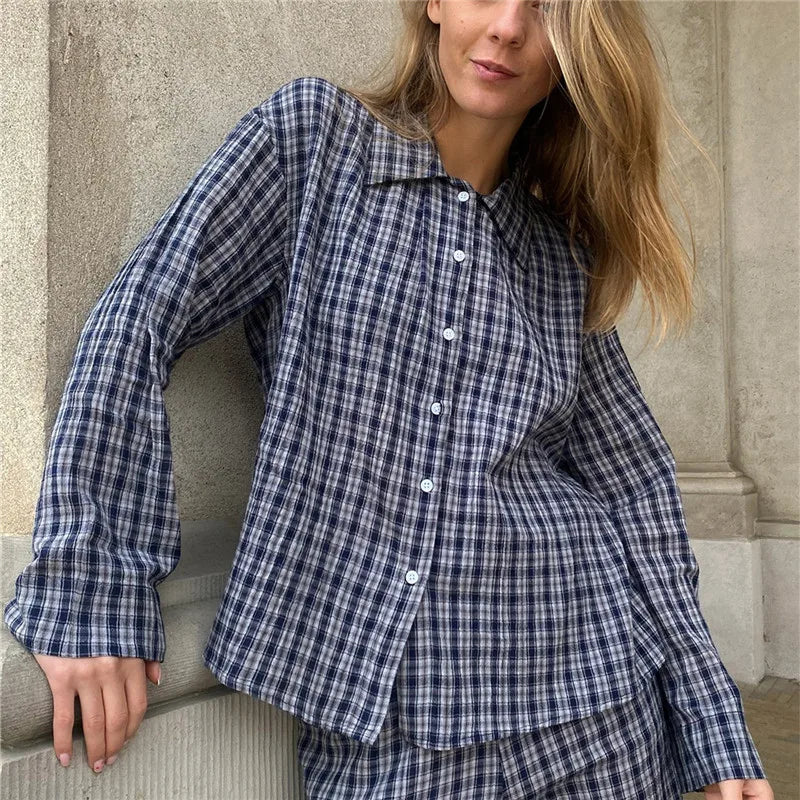 VacationGrabs Y2K Vintage Long Sleeve Blouse Stripes Collared Shirts Striped Button Down Shirt Women Oversized Trendy Fall Y2K Clothes