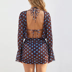 VacationGrabs 3Pcs Polka Dot Bikini Set Women Triangle Halter Tie Bikini Swimsuit + Long Sleeve Sheer Mesh Cover Up Dress Bathing Suit