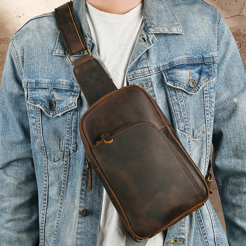 Genuine Leather Sling Bag – Men's Retro Crossbody Chest Bag