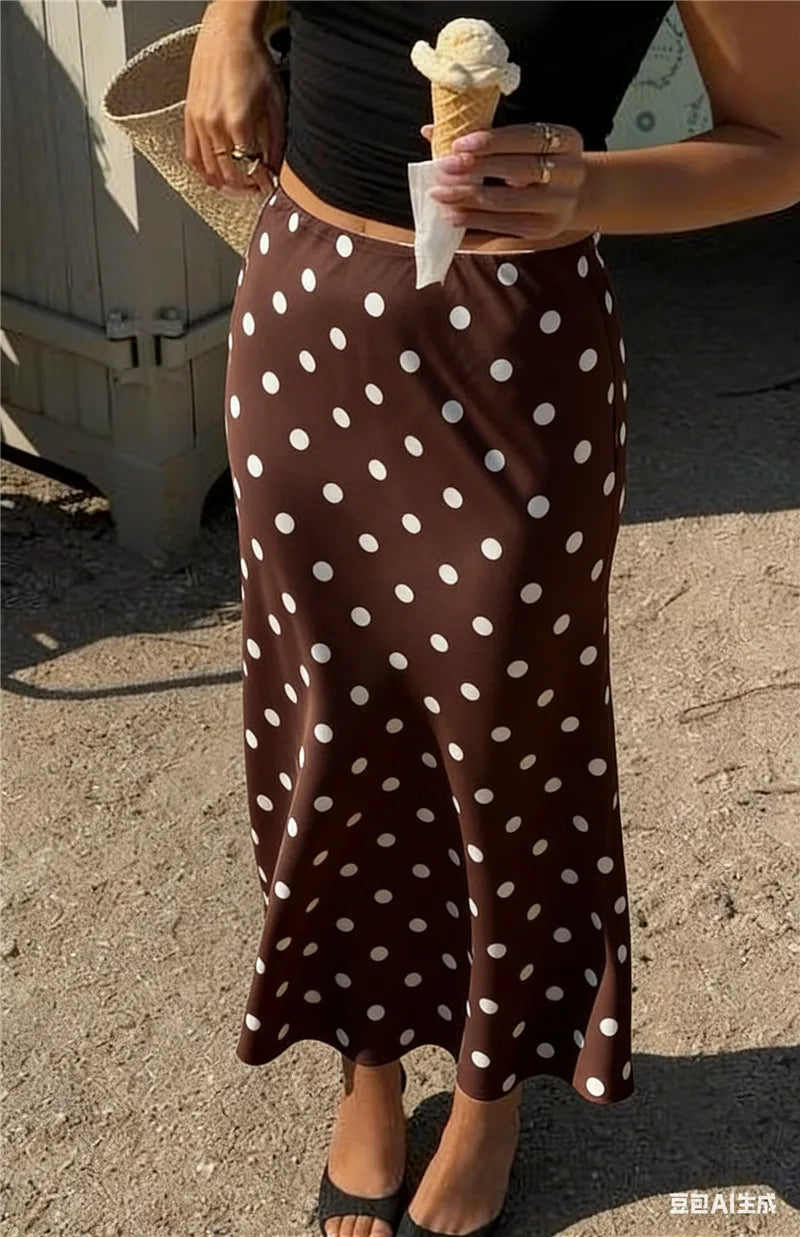 VacationGrabs French Vintage Polka Dot Satin Skirt High Waist Silky Midi Skirt Elegant Retro Print For Women Summer Y2K Streetwear