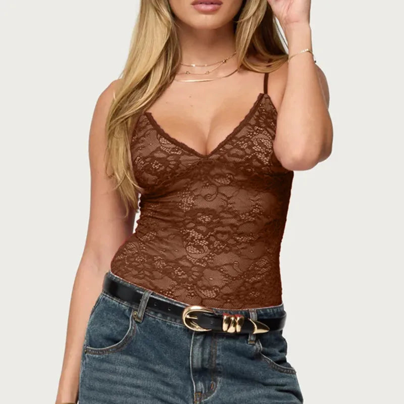 VacationGrabs Women Sheer Lace Camisole V Neck Spaghetti Strap Tank Tops Y2k Backless Sleeveless Floral Lace Cami Top Party Clubwear