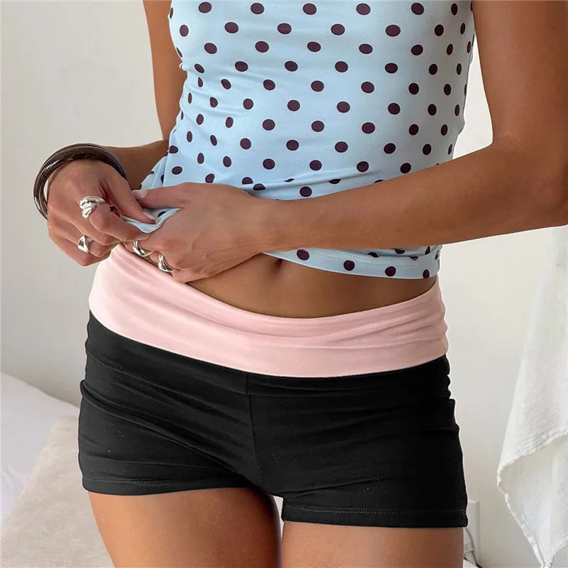 VacationGrabs Color Block Biker Shorts for Women Low Waist Fold Over Waistband Slim Fit Booty Shorts Streetwear Aesthetic Casual Pants