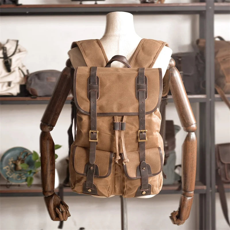 Vintage Leather Travel Backpack, Waxed Canvas 15.6" Laptop