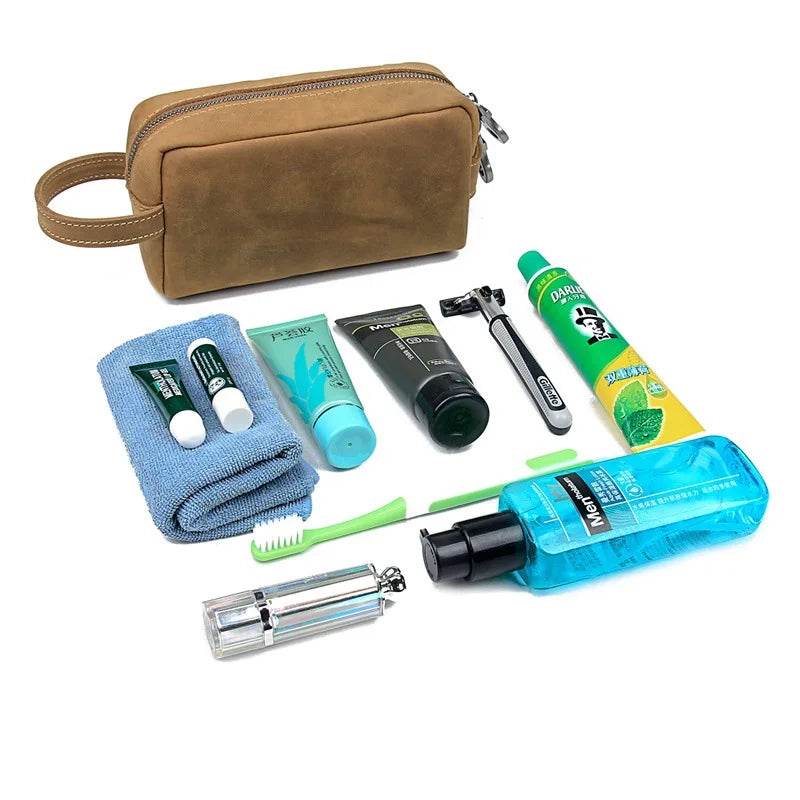 Genuine Leather Cosmetic Bag with Wrist Belt for Men & Women - VacationGrabs