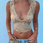 VacationGrabs Women Sequined Lace Embroidery Tank Top Sleeveless Cami Tops V-neck Shiny Slim Fit Summer Clubwear for Daily Party