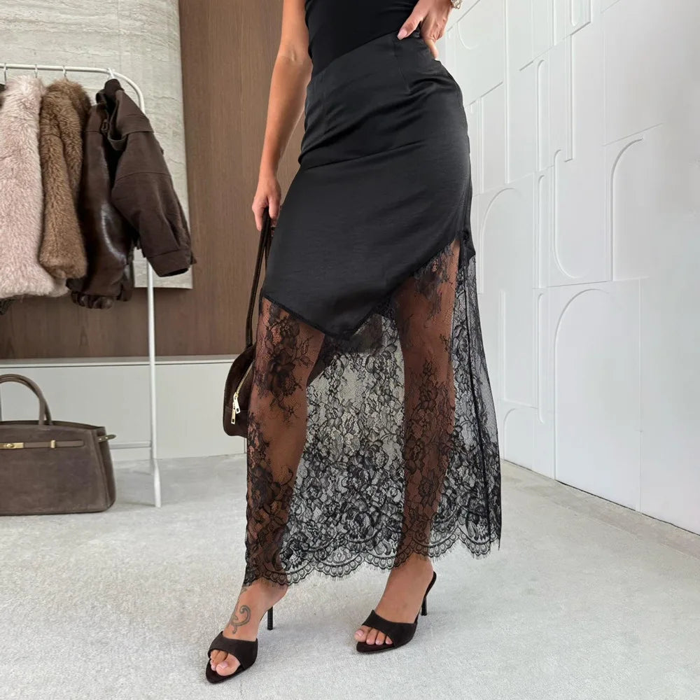hirign Women Patchwork Lace Skirts 2026 New High Waist Slim Hollow Out Maxi Skirts Autumn Brown Fashion Party Club Boho Skirt
