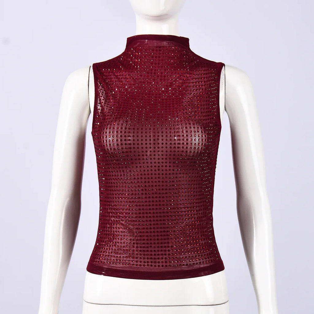 VacationGrabs Women Sequin Mesh Tank Tops Turtle Neck Sleeveless Rhinestone Decor Slim Fit Summer Vest Shirts Sparkly Party Clubwear