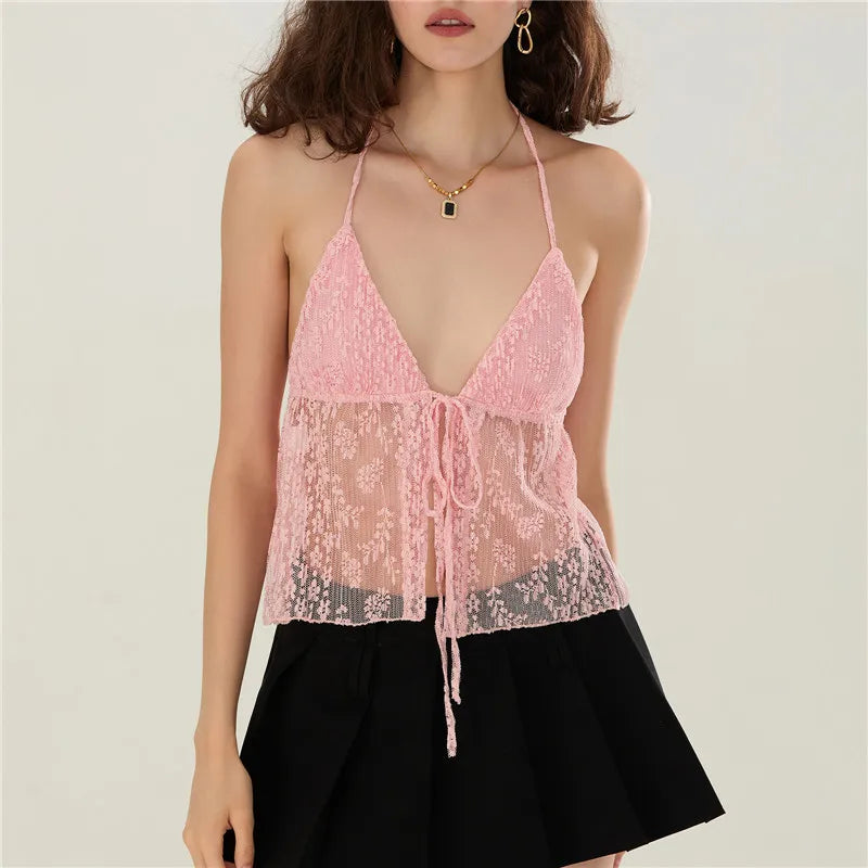 VacationGrabs Summer Women Y2K Lace Shirt Sexy Halter Neck Deep V Neck Crop Top Tie Front Sleeveless Strappy Cami Shirt Streetwear