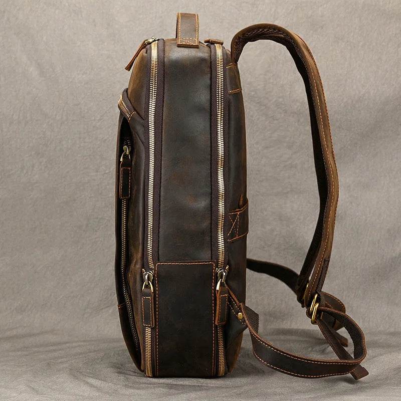 Vintage Travel Backpack Crazy Horse Leather Double Zipper Bag - VacationGrabs