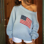 VacationGrabs Off Shoulder American Flag Knit Sweater for Women Long Sleeve Oversized Fit Casual Streetwear Pullover for Fall Winter