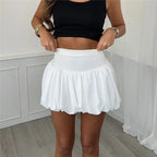 VacationGrabs Women Pleated Bubble Mini Skirt Y2k Ruffle Hem Elastic Waist Puffy Short Skirt Tee Girls Cute Aline Balloon Skirt