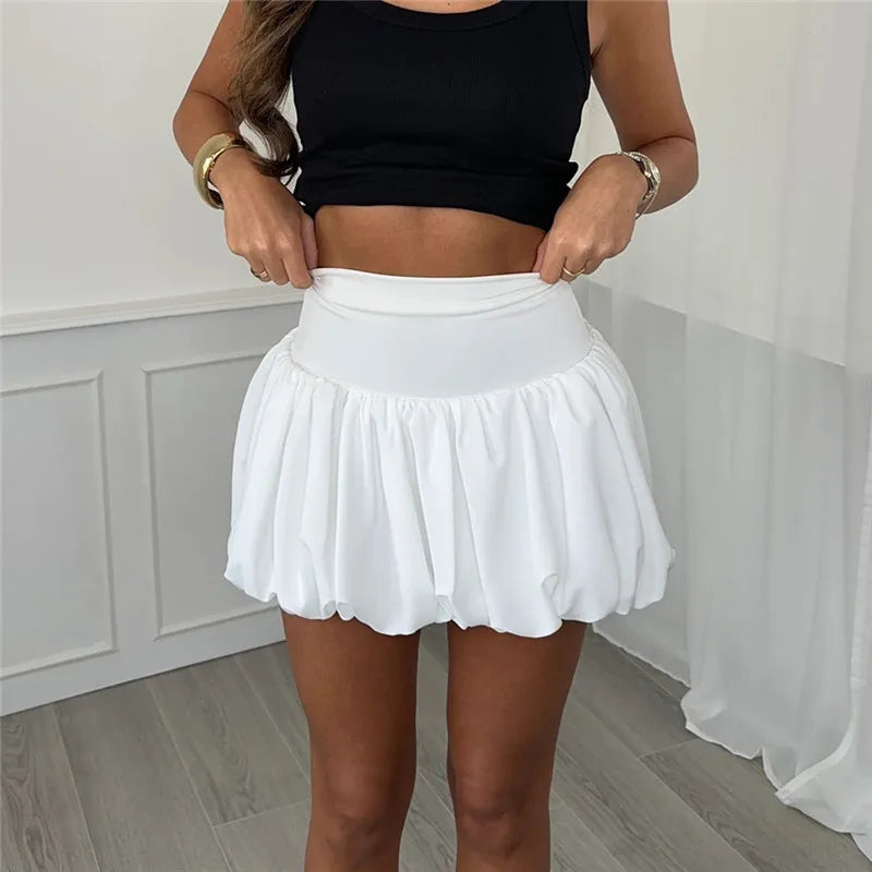 VacationGrabs Women Pleated Bubble Mini Skirt Y2k Ruffle Hem Elastic Waist Puffy Short Skirt Tee Girls Cute Aline Balloon Skirt