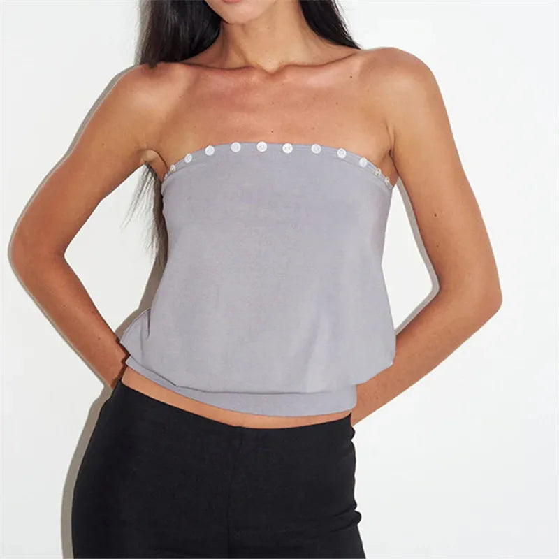VacationGrabs Y2K Button Trim Strapless Tube Top Women Elastic Waist Hem Bandeau Sleeveless Off Shoulder Cropped Blouse Streetwear